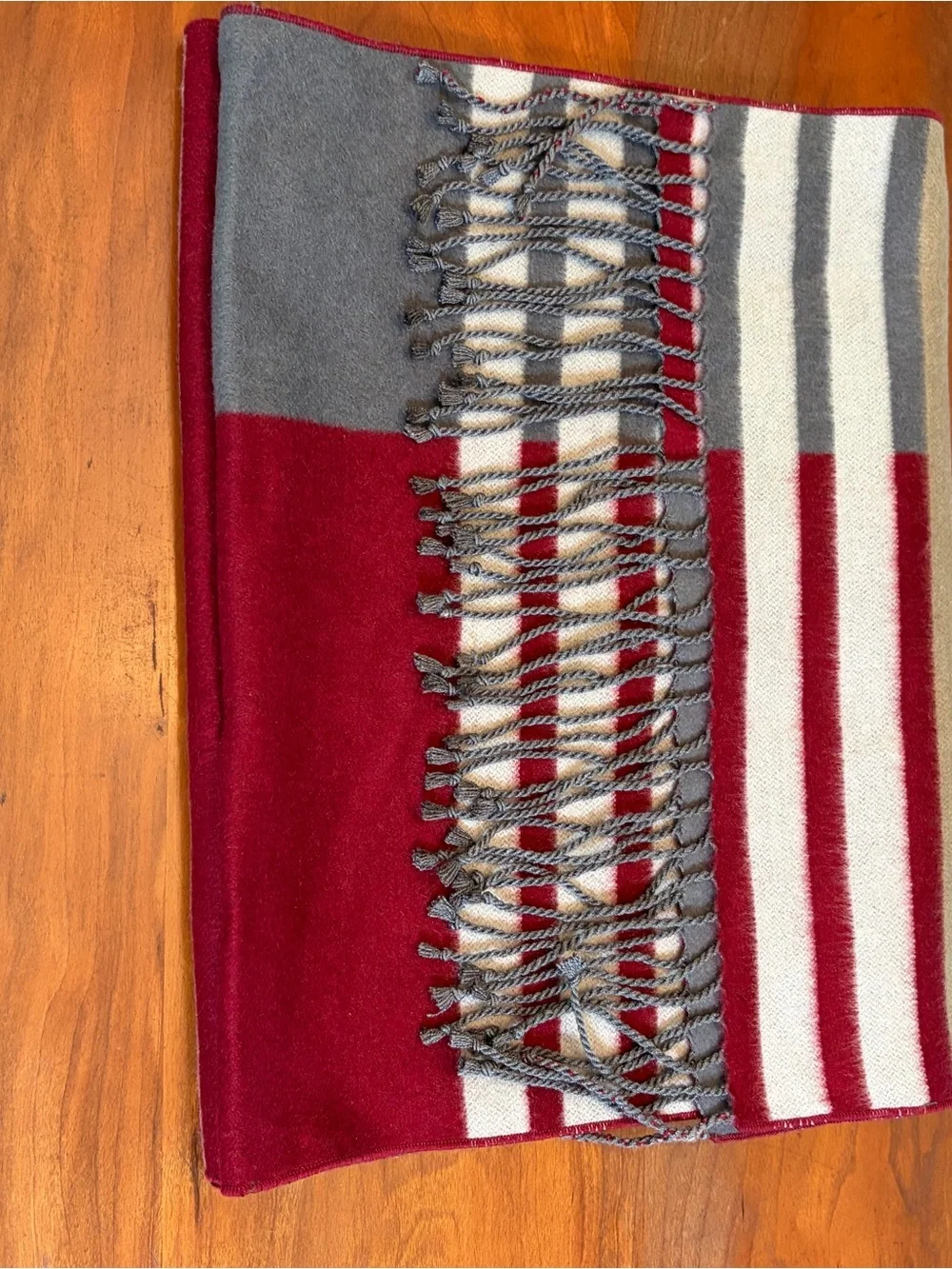 Silk Cozy Striped Fringe Throw Scarf in Red, Gray, and Tan